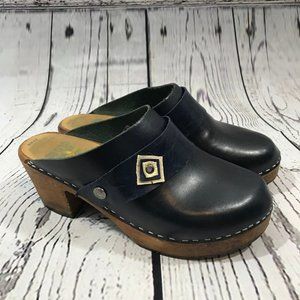 Black Leather Mules with Wooden Heel